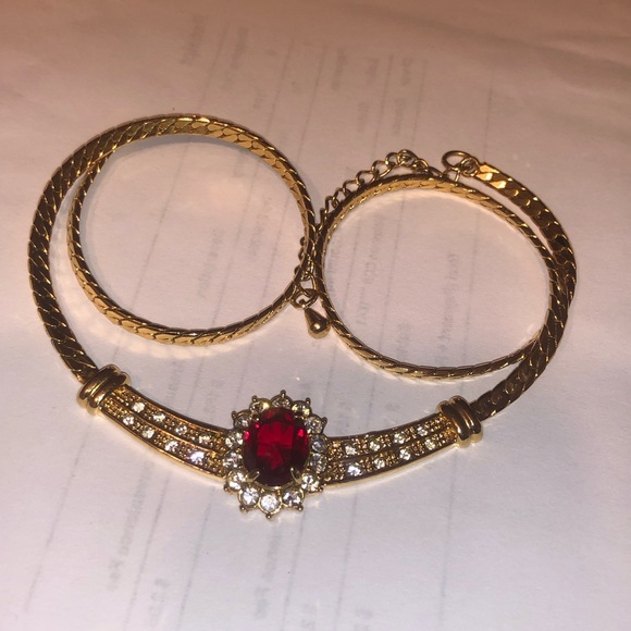 ROMAN signed / market Gold plated necklace.Genuine garnet and Diamond estate